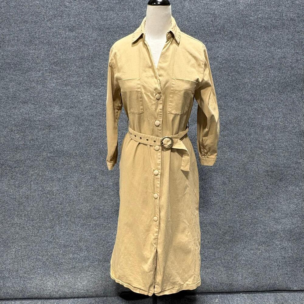 Area Stars Dress Womens Medium Beige Belted Button Front Shirt Midi Twill